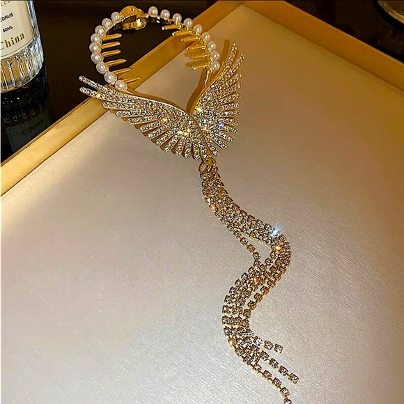 Gold Pearl Rhinestone Angel Wing Hair Clip Claw Hair Accessory - Picture 3 of 7